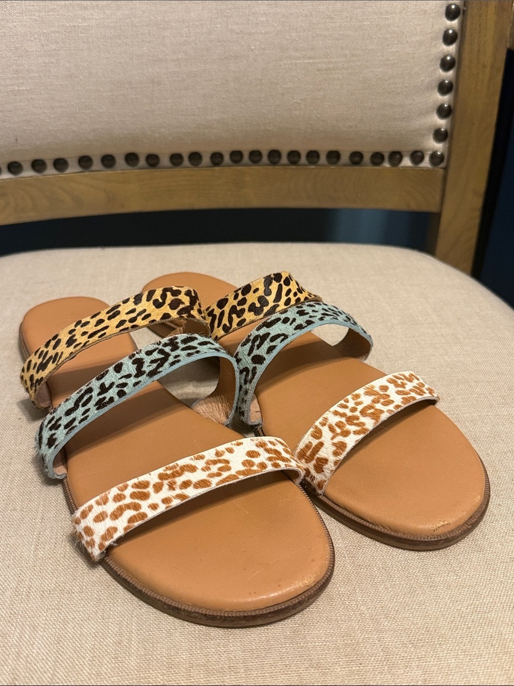 Kids Leopard Print Triple-Strap Slide Sandals in Tan, Blue, and Yellow